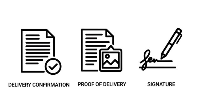Logistic delivery confirmation and proof of delivery outline icon set