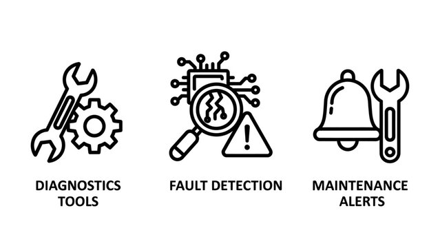 Industrial maintenance and diagnostics tool line icon set