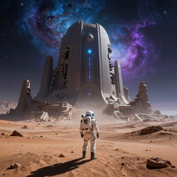 Astronaut standing on rocky desert planet near massive futuristic alien tower.