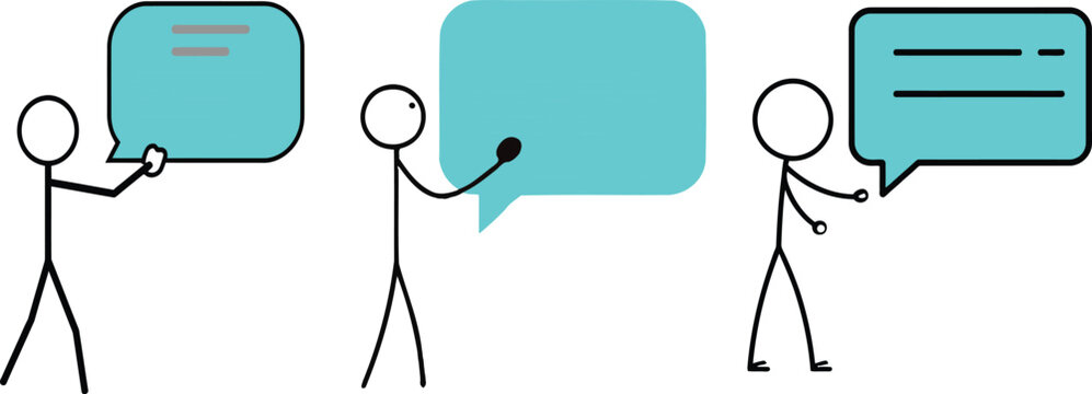 Three stick figures engaging in a conversation with speech bubbles