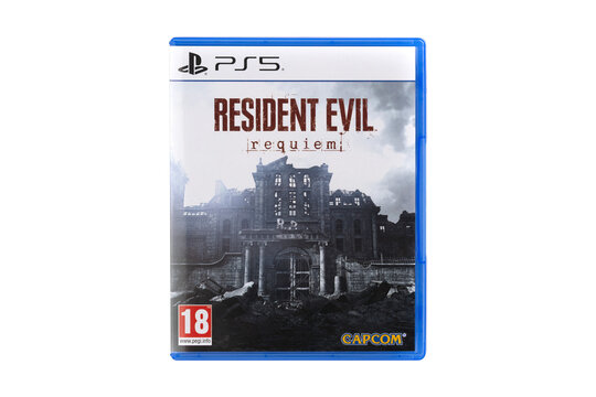 San Francisco, USA - March 2026. Resident Evil Requiem disc. A close-up of the PlayStation 5 Resident Evil Requiem isolated on a white background.