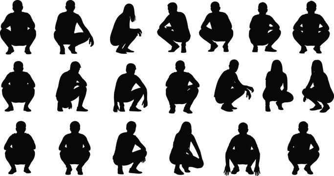 Human silhouettes, squatting poses, crouching positions, body movement, posture variations, exercise stance, ergonomic study, fitness concept, gesture art, modern design