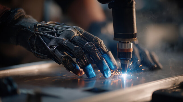 Robot hand welding metal with sparks flying showing ai and human collaboration on labor day celebration