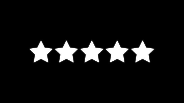 Rating star icon animation. White glowing five star flat symbol animation with transparent black background. Customer feedback, 5 star rating