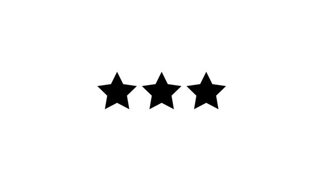 Rating star icon animation. Black glowing three star flat symbol animation with transparent White background. Customer feedback, 3 star rating 4k animation