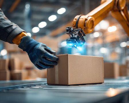 Human labor and ai collaboration improve packaging efficiency on labor day in modern warehouse with robotic arm handling boxes smoothly