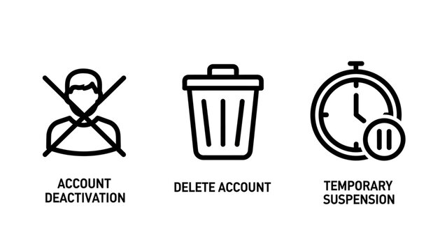 User account management icon set featuring deactivation delete account and temporary suspension with text labels