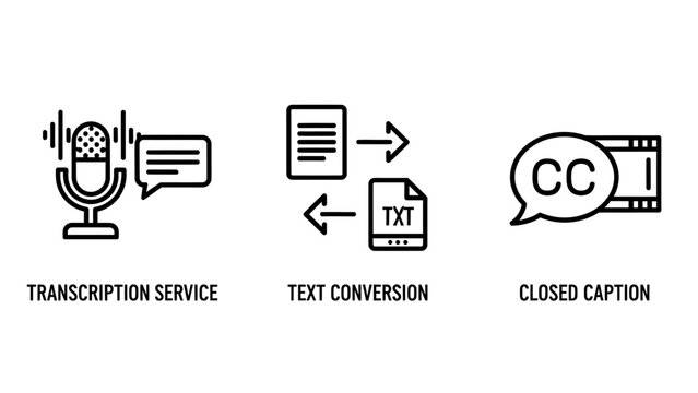 Communication and media transcription icons including transcription service, text conversion, and closed captioning