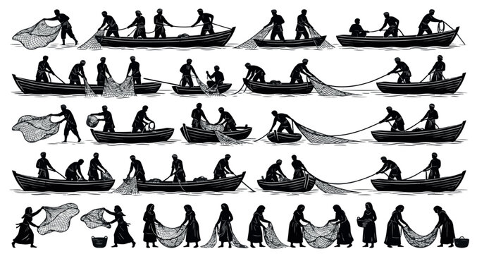 Fishermen Casting Nets Silhouettes Set Pack. Editable Vector Stroke Illustration. featuring fisherman, boat, net, water, silhouette, vector, illustration, graphic, design, fishing more silhouettes.