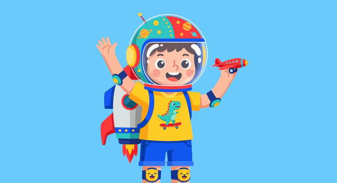 A cheerful cartoon boy dressed as an astronaut with a rocket backpack and helmet, holding a toy airplane, ready for adventure on a blue background.