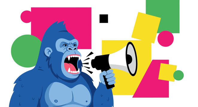 Angry Cartoon Gorilla Shouting with Megaphone Vector Illustration