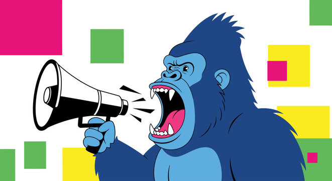 Angry Cartoon Gorilla Shouting with Megaphone Vector Illustration