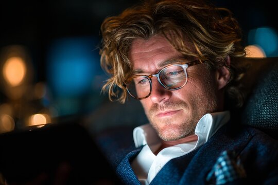 Blond man with glasses wearing blazer and white shirt looks at tablet indoors, planning travel and business