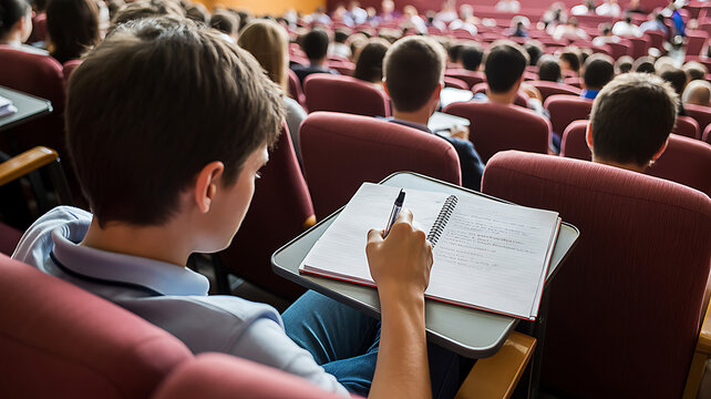 Young man sitting in a crowded auditorium taking notes on a pad of paper with a pen during a lecture or presentation
