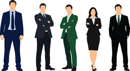 Obraz premium Business team of professionals in suits standing with arms crossed and hands in pockets for corporate success flat vector illustration.