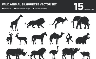 Obraz premium Wild animal silhouette vector set featuring lion, elephant, giraffe, camel, rhino, deer, monkey and more in black and white style