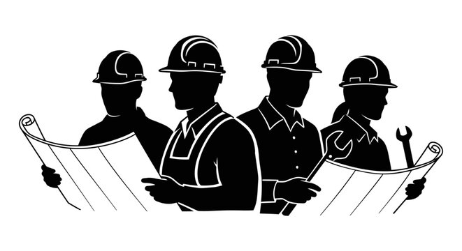 construction engineering team wearing hard hats holding blueprints and tools symbolizing professional teamwork and industry.