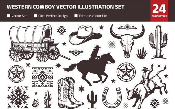 Western cowboy vector illustration set featuring horse rider, wagon, boots, bull skull, cactus, rodeo elements in vintage black and white style