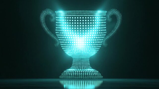 Glowing digital trophy rendered from cyan dots on a black background, with reflection below