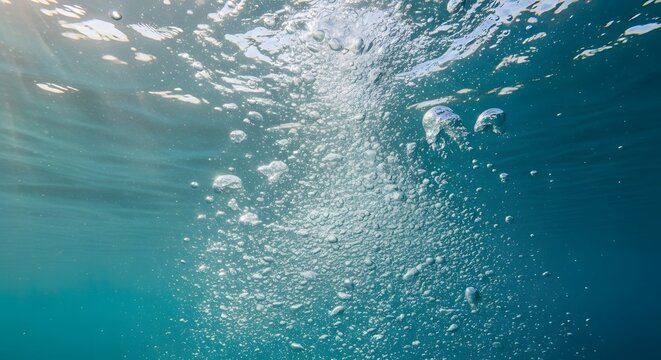 Underwater scene with rising bubbles and sunlight filtering through clear blue water