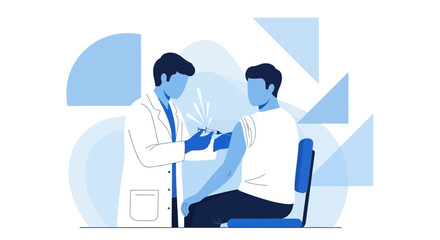Fototapeta premium Doctor giving vaccination injection to patient in arm, medical concept, blue abstract background