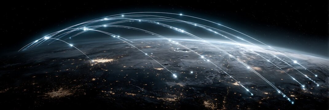 Global network and satellite connectivity concept showing glowing communication lines over planet earth at night from outer space