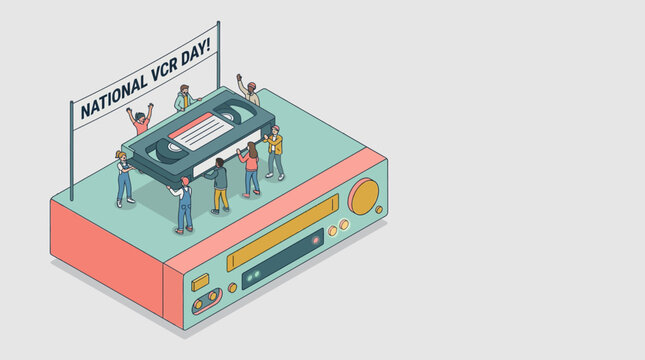 People celebrating National VCR Day, carrying VHS tape on player, for retro media nostalgia. Isometric outline pastel vector art of an analog electronic device.