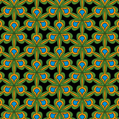 Fototapeta premium Green orange Thai geometric floral seamless pattern on black background