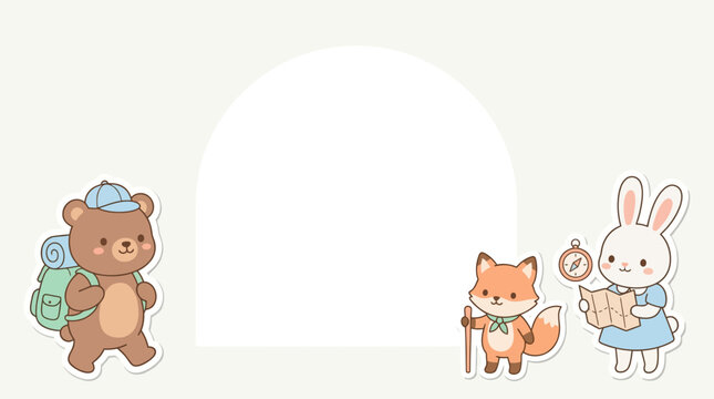 Cute Bear Fox Bunny Characters Hiking with Backpacks, Map, Compass, Exploring Trails for Outdoor Kids Adventure Learning. Kawaii Pastel Doodle Vector with Blank Frame Template Copy Space.