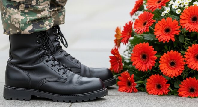 A close up side profile of a soldier wearing military boots standing beside a bouquet of flowers