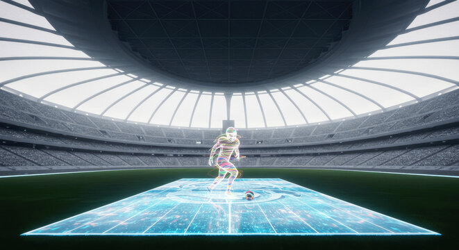 Virtual reality football player in a futuristic stadium with a digital field. Metaverse sports training simulation for gamer. Future of gaming and sport.