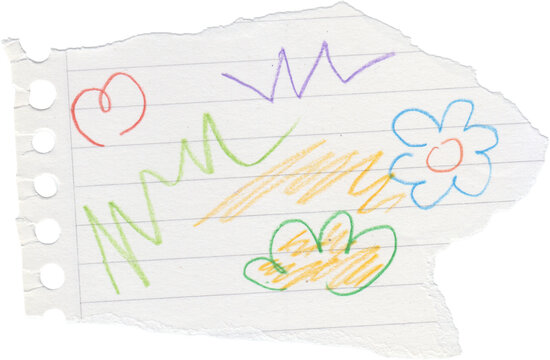 Colorful kids doodles on torn lined notebook paper scrap with heart flower and crayon scribbles