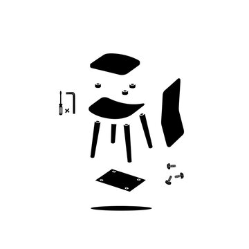 flat pack furniture assembly vector illustration showing disassembled modern chair parts and tools.