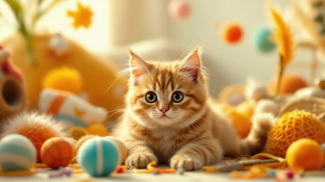 Adorable orange kitten surrounded by playful autumn toys in cozy setting