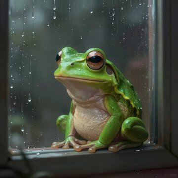 Vibrant green frog sitting on windowsill during heavy rain shower.