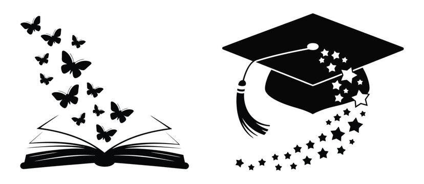 Open Book Icon with Butterflies and Stars Imagination Learning Education Creativity Knowledge Reading Vector Illustration Set Isolated Background