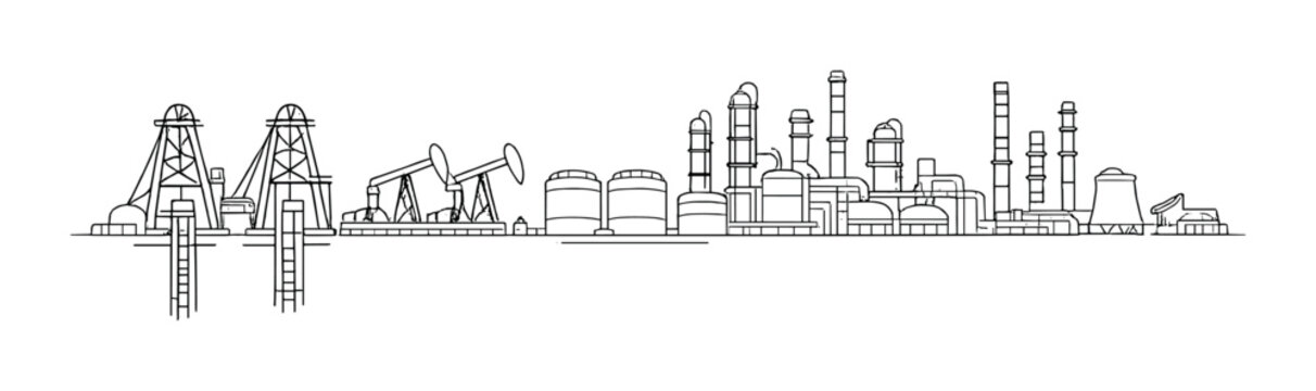 Oil field and refinery complex with pumpjacks on horizon