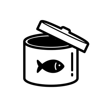 Simple black and white icon of a can with a fish symbol with food can