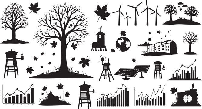 Black and white icons of nature and statistics combined