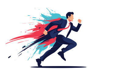 Obraz premium Powerful businessman in a suit running very fast with colorful red and blue paint splashes behind him, representing speed and dynamic energy.