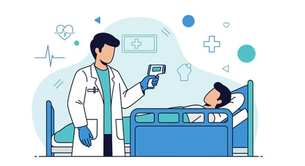 Fototapeta premium Doctor measures patient's temperature with infrared thermometer in hospital room, medical checkup