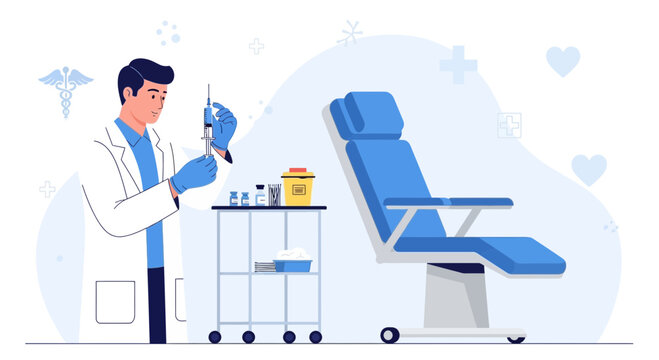 Doctor preparing injection in clinic with medical equipment and chair