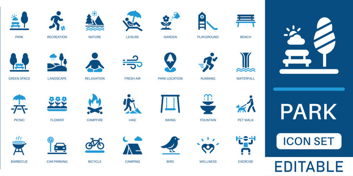 Park and recreation icon set. featuring nature, camping, hiking, playground, garden landscape, city park benches, and leisure activities in blue flat design.