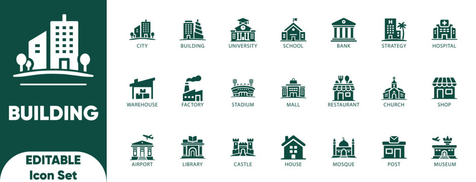 Building icon set. editable, hospital, planning, real estate, school, court, map, government, office, warehouse, post, Solid icon collection.