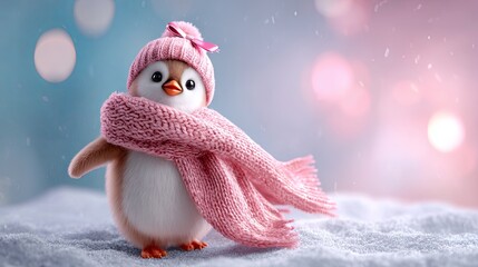 Obraz premium Cute penguin wearing a pink knitted hat and scarf in a snowy winter wonderland. Adorable animal character for Christmas or New Year greeting card banner.