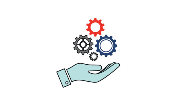 Hand supports three interlocking colorful gears representing teamwork and efficient business process integration.