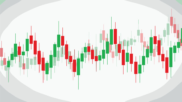 Abstract green and red financial candlestick chart on a light background showing market volatility and trading activity.