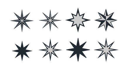 Obraz premium Selection of eight different geometric star shapes and compass rose icons in dark blue and grey tones for navigation design.
