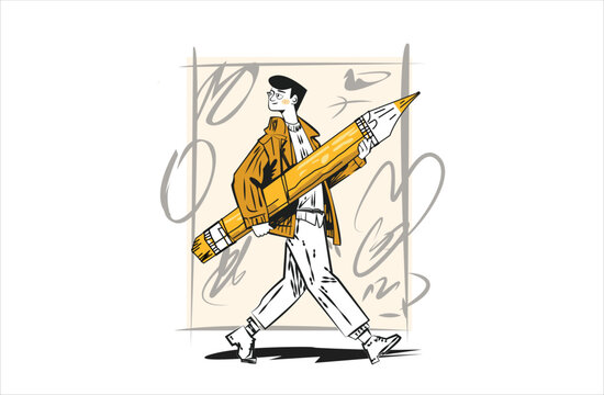 Creative designer walking with oversized pencil illustration representing imagination creativity artistic workflow and idea development in modern hand drawn flat style