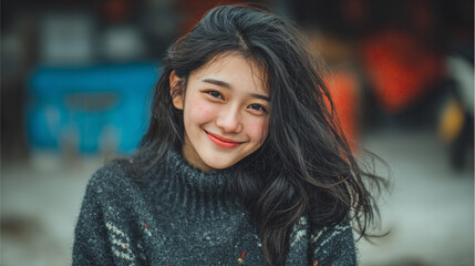Obraz premium Portrait of a beautiful Korean woman with a cute, radiant smile and confident presence. Soft natural lighting enhances her smooth features and expressive eyes, while a gently blurred background create